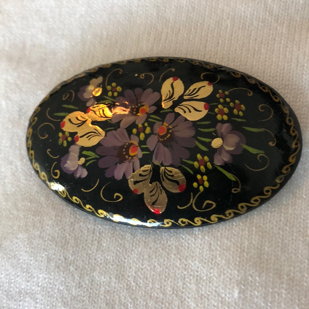 Floral Black and Gold Hand-painted Lacquered Brooch